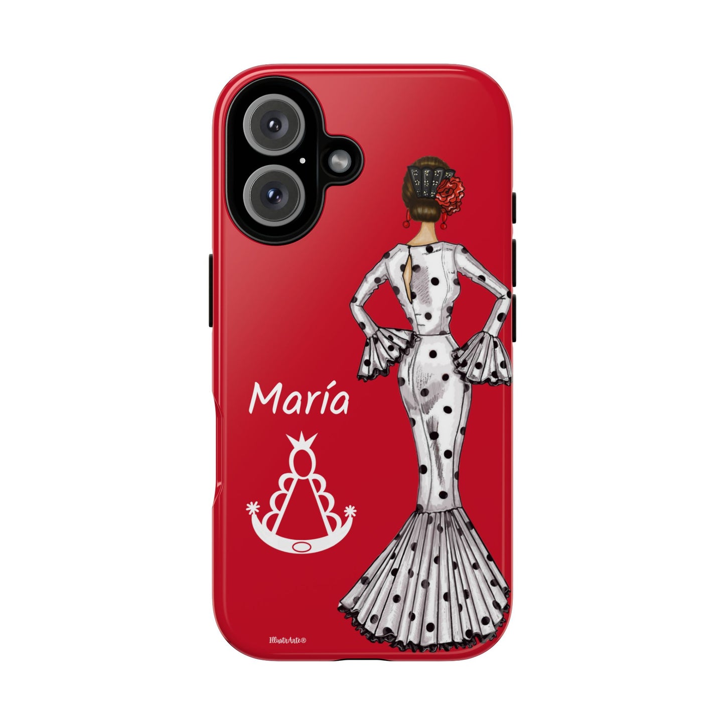 una funda de teléfono roja con una imagen de una mujer en un vestido de lunares