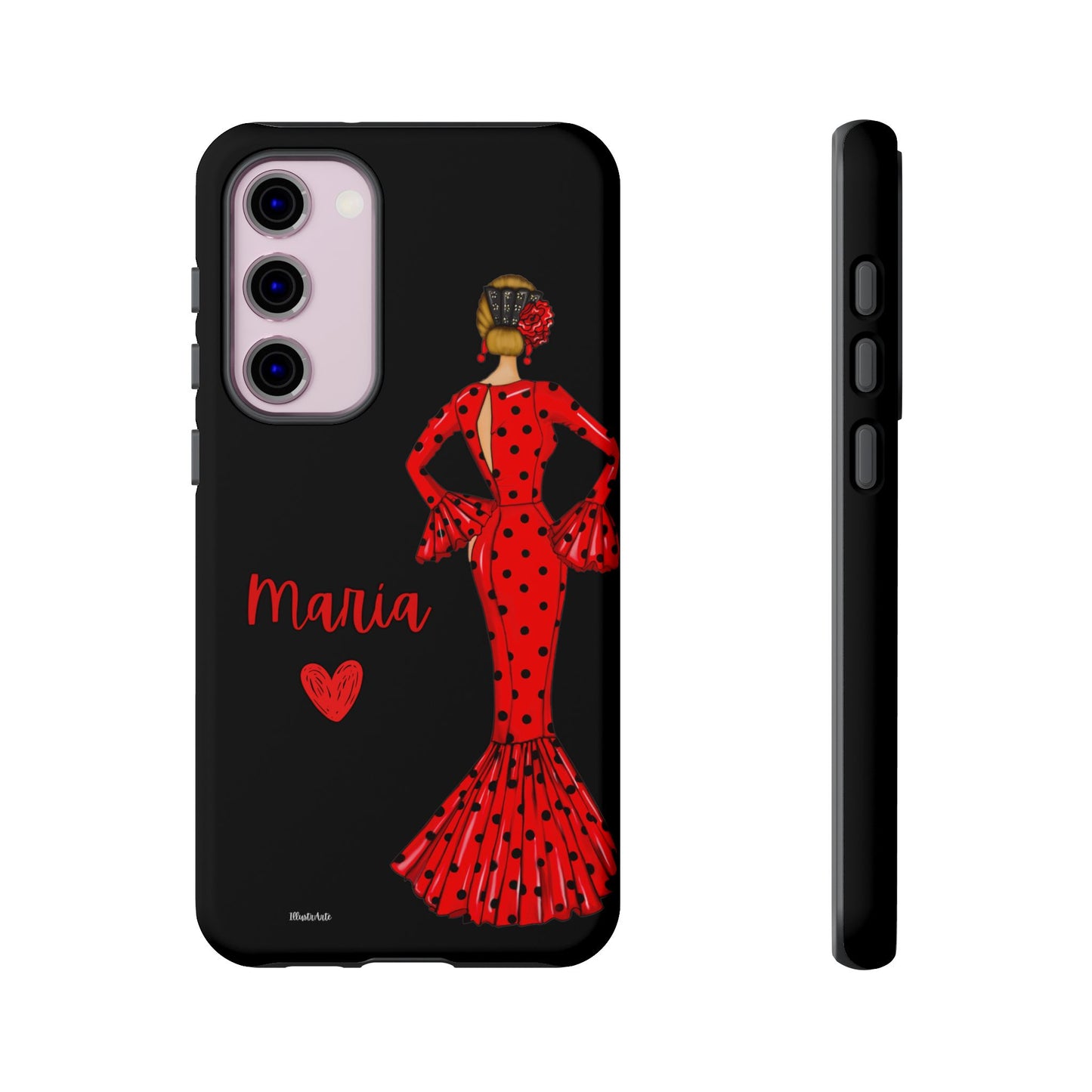 una funda de teléfono con una mujer en un vestido rojo