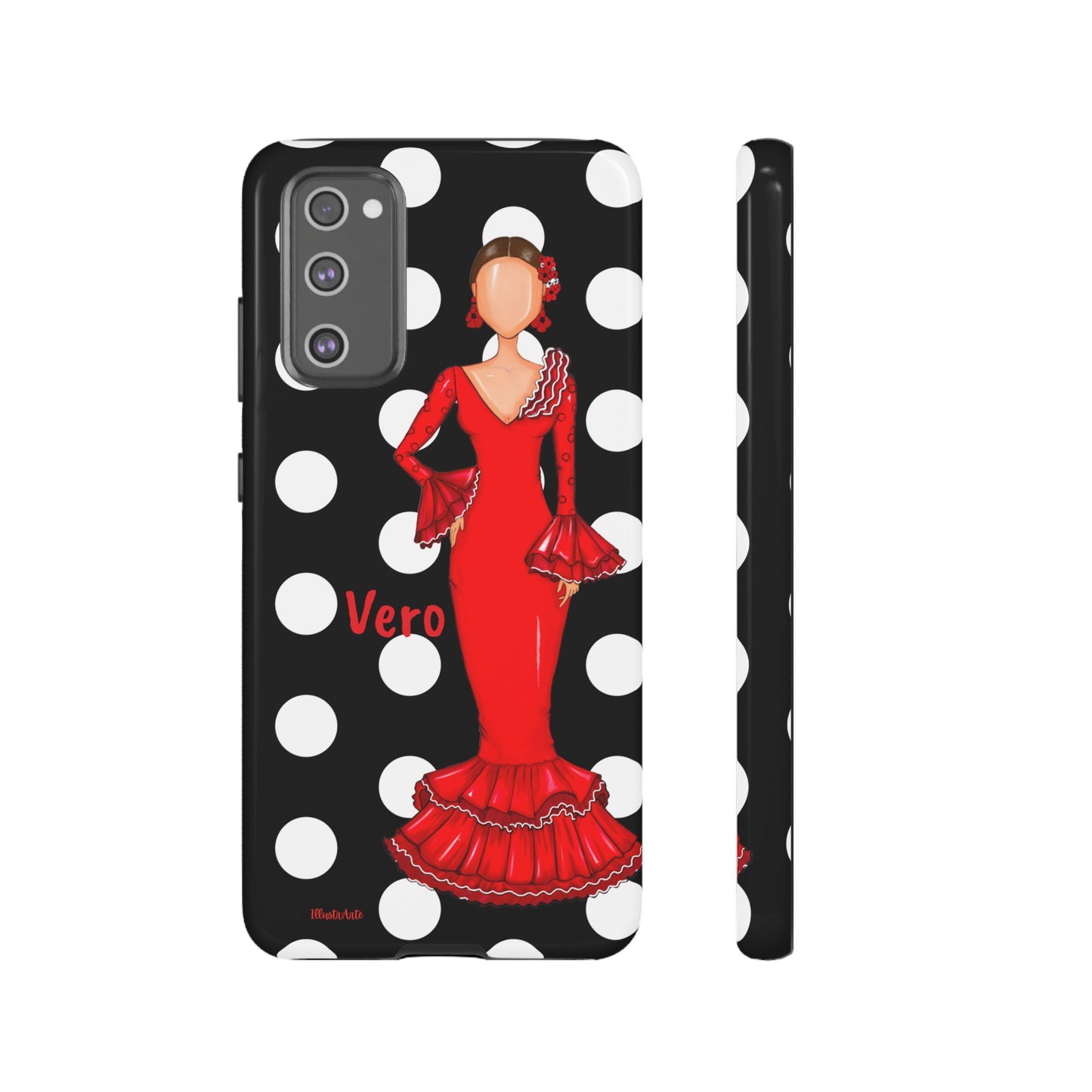 una funda para teléfono con una mujer en un vestido rojo