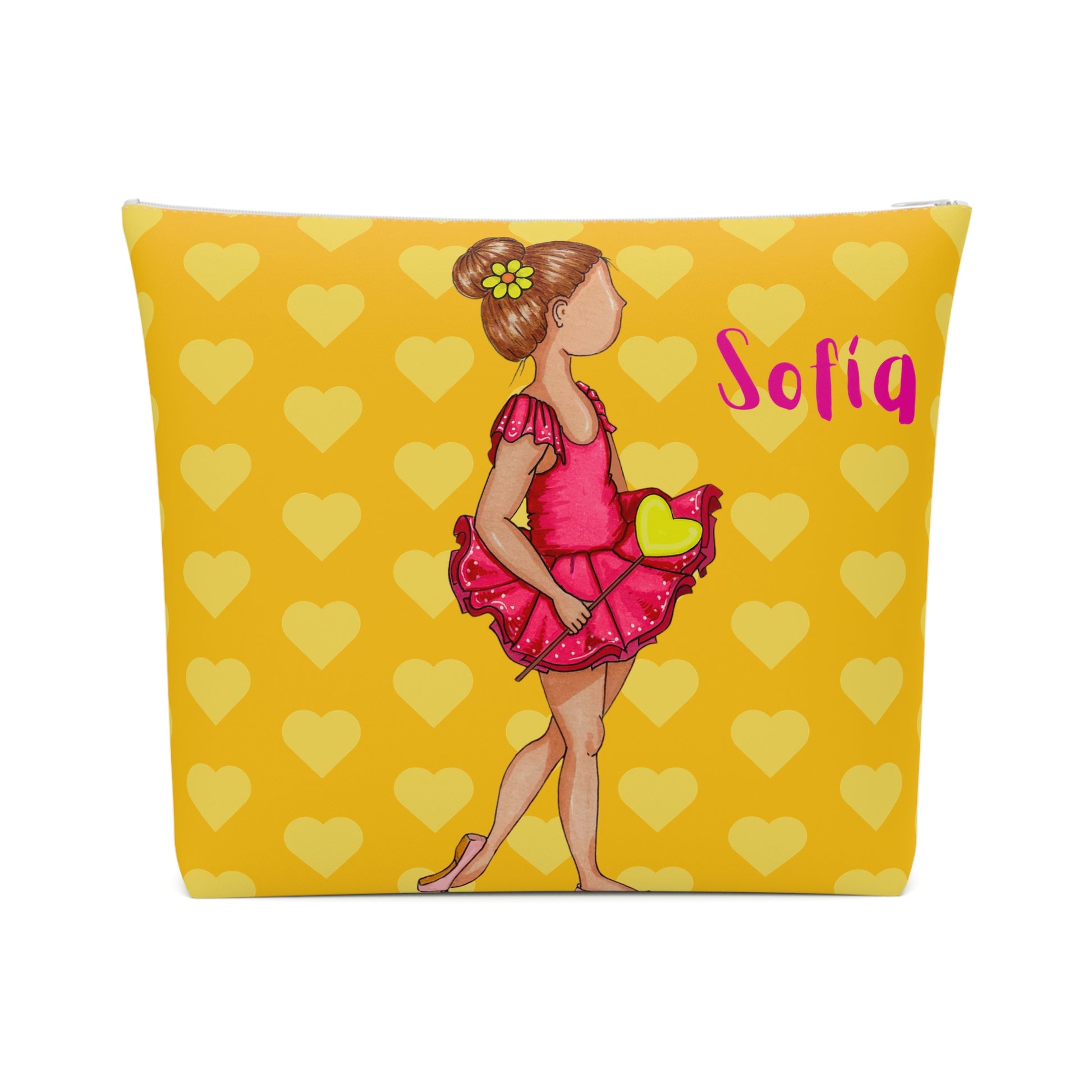 a yellow bag with a picture of a girl holding a tennis ball