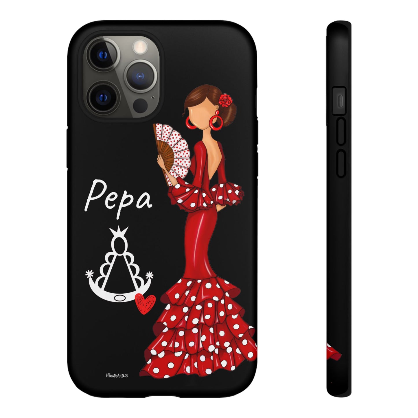 una funda de teléfono con una mujer en un vestido rojo