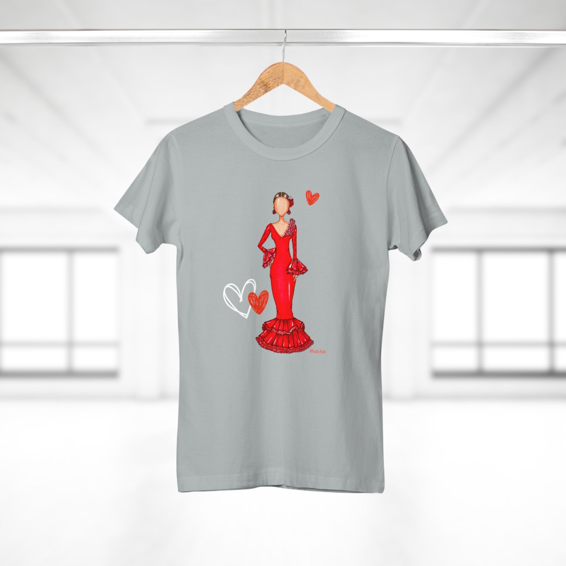 a t - shirt with a picture of a woman in a red dress