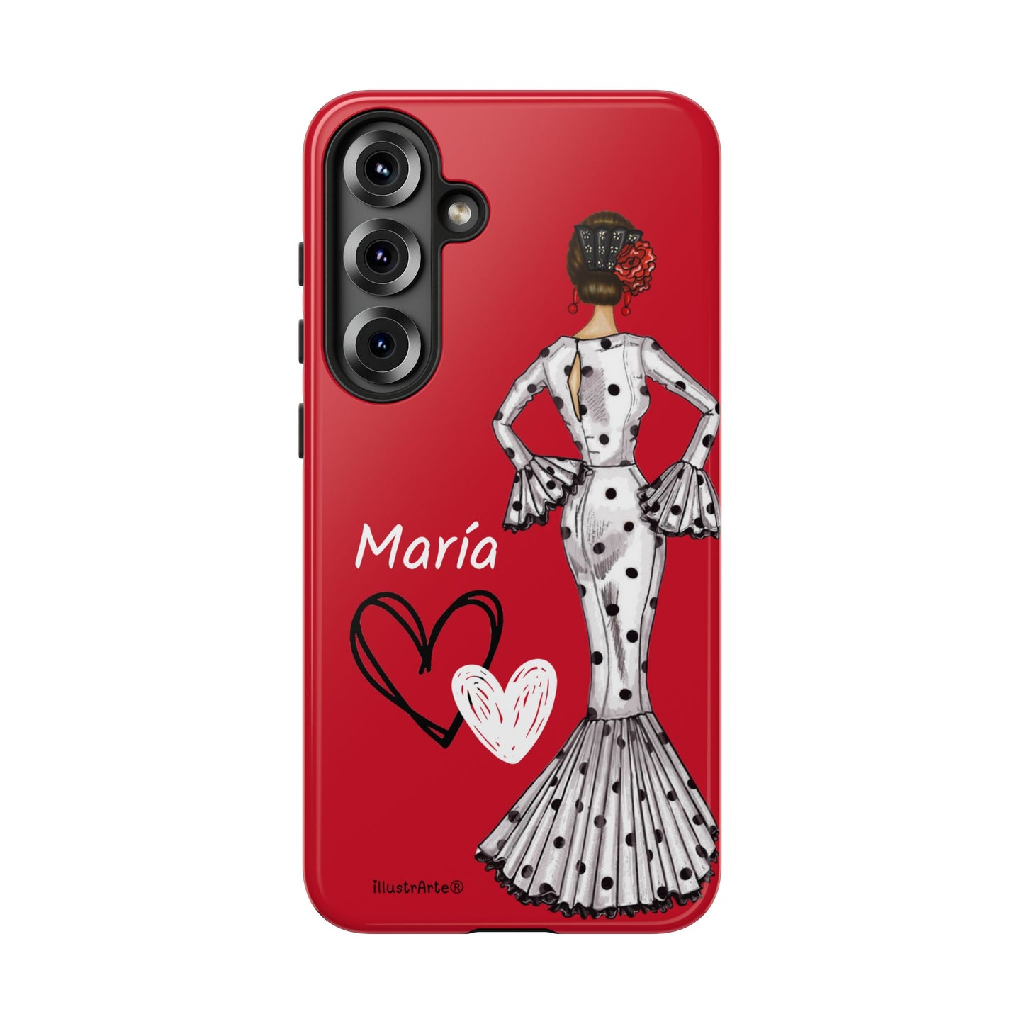 Personalized Maria phone case, white with red hearts background – for iPhone, Samsung, Pixel