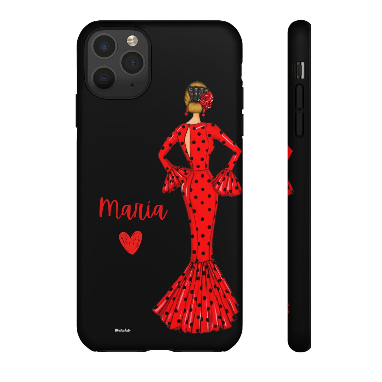 una funda de teléfono con una mujer en un vestido rojo