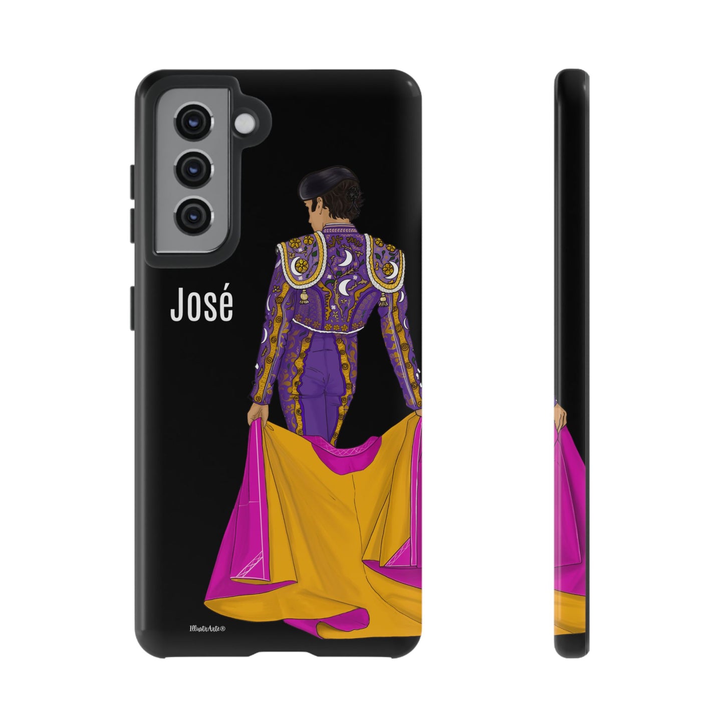 una funda de teléfono con un dibujo de un hombre en un traje morado y amarillo