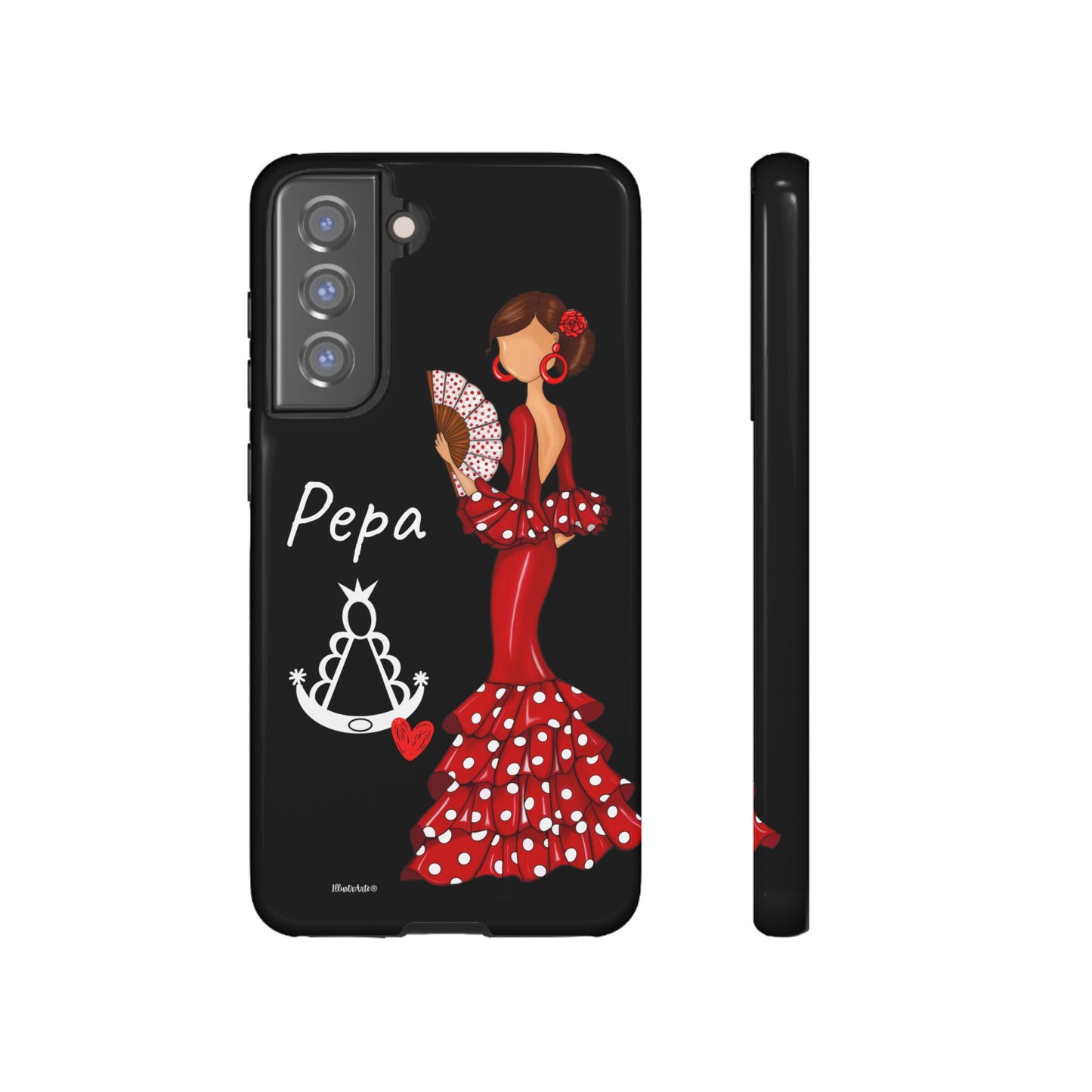 una funda de teléfono con una mujer en un vestido rojo