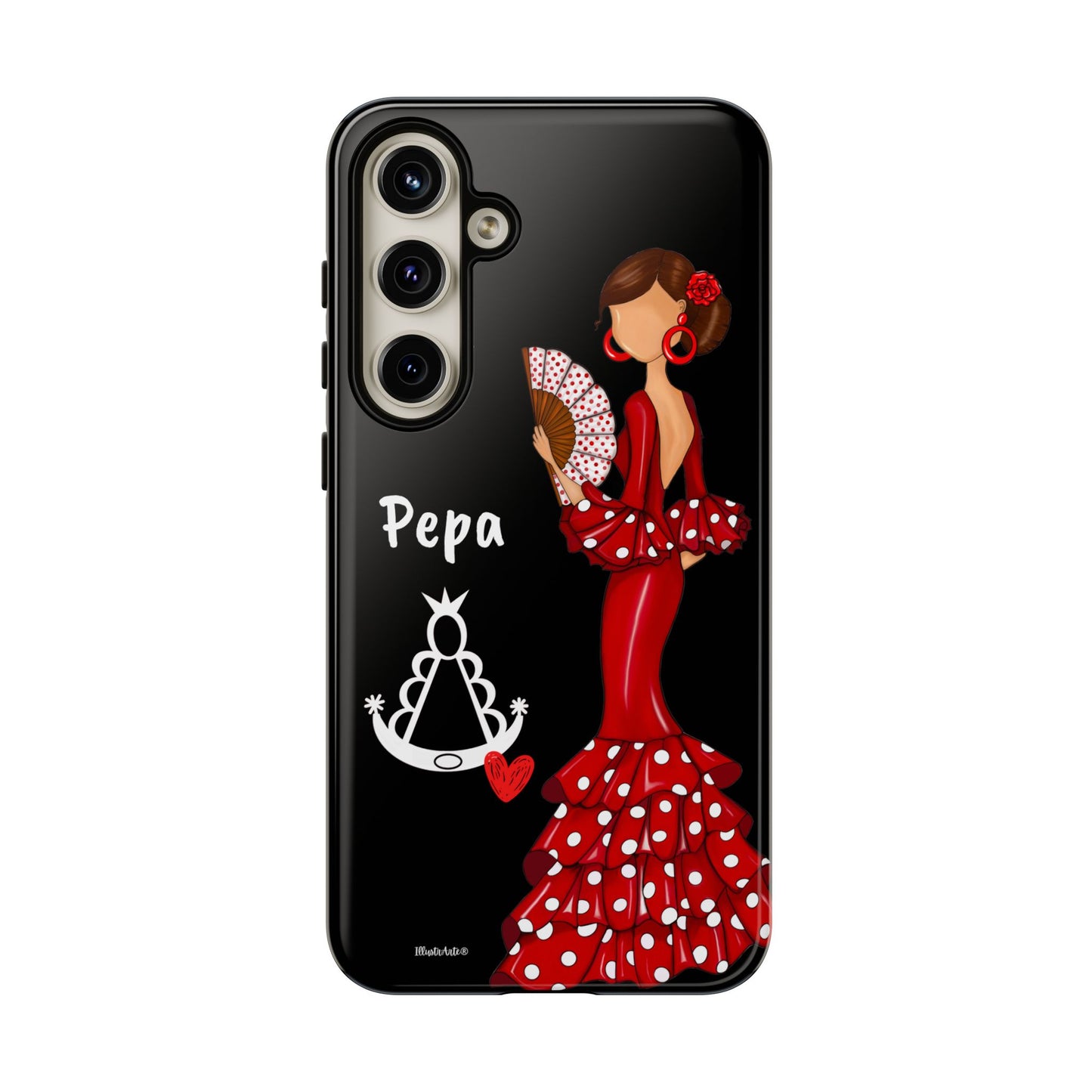 Personalized Pepa phone case on a black background with the Virgin Mary – for iPhone, Samsung, Pixel