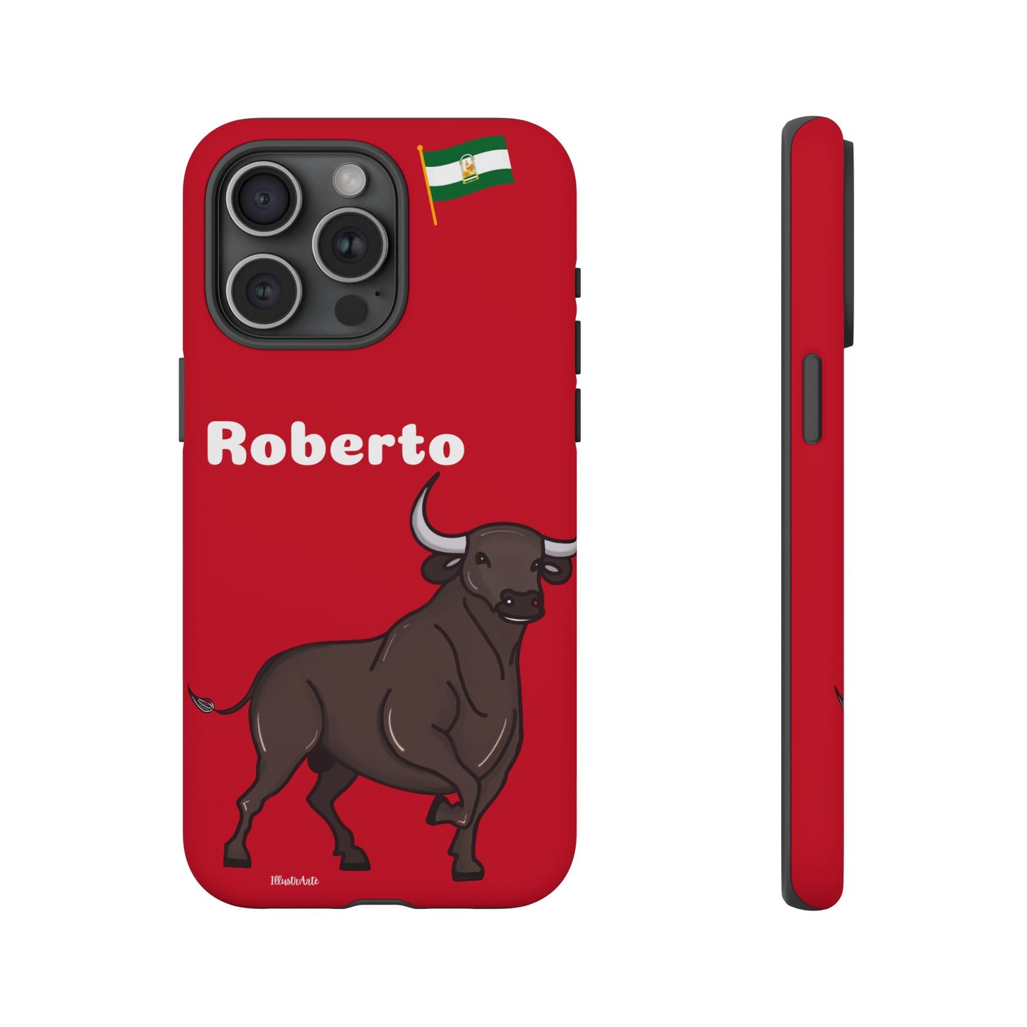 una funda de teléfono roja con un toro en ella