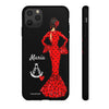 Funda de teléfono personalizable María rojo pelo oscuro fondo negro – para iPhone, Samsung, Pixel