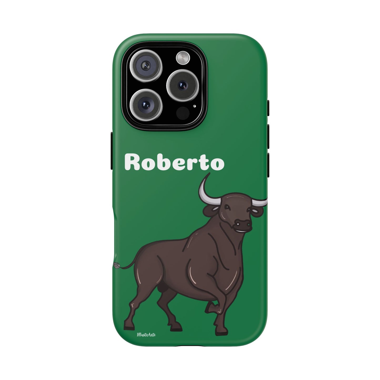 una funda de teléfono verde con un toro en ella