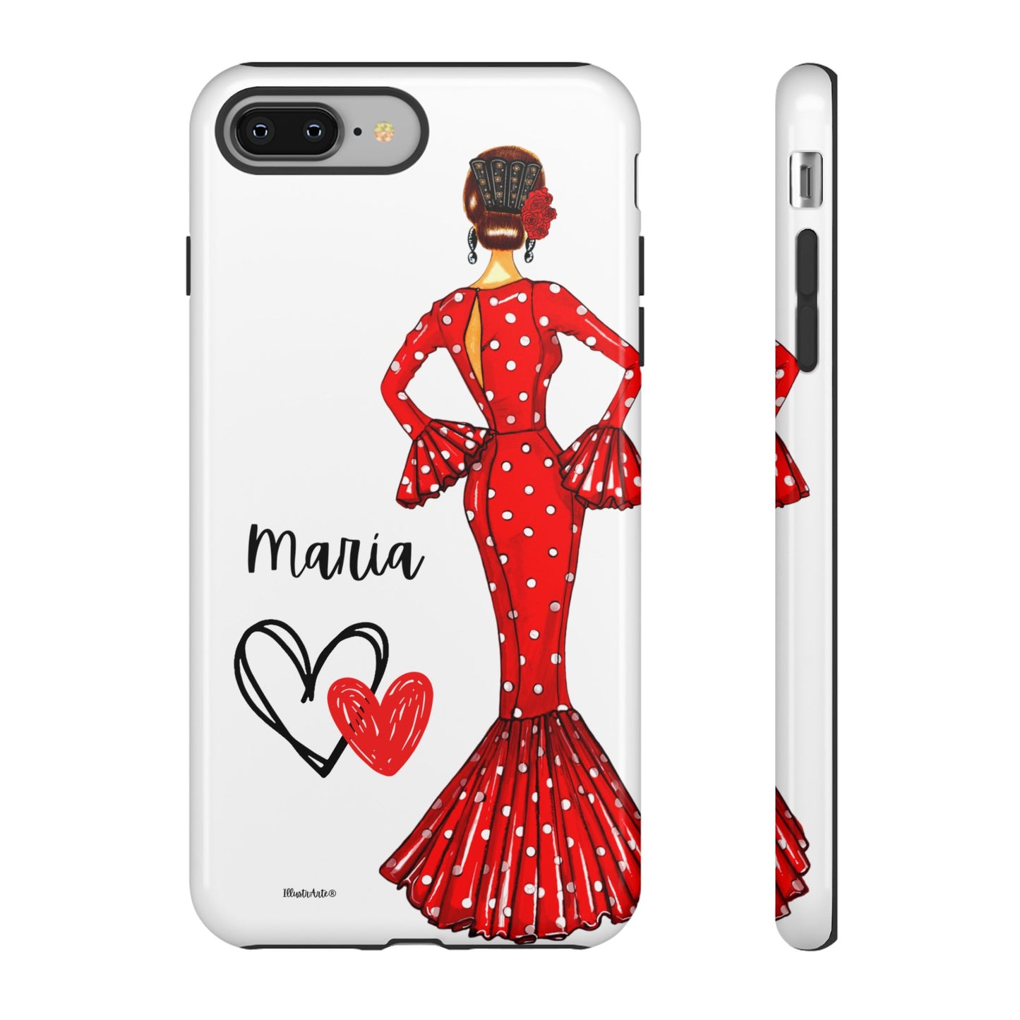 una funda de teléfono con una mujer en un vestido rojo