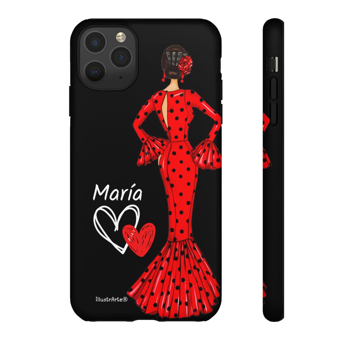 Capa de celular personalizável com nome/bandeira/Virgem - modelo Red Maria com cabelo escuro, fundo preto, para iPhone, Samsung e Google Pixel
