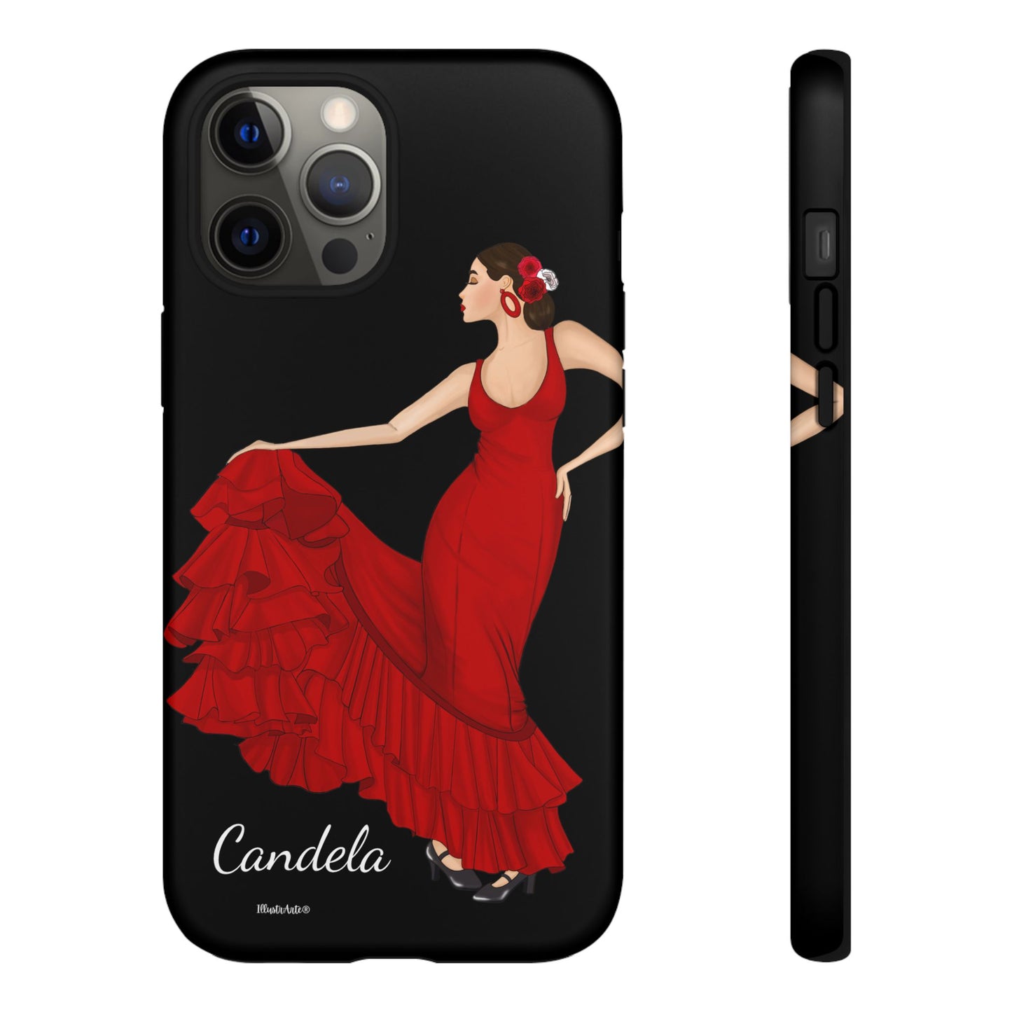 una funda de teléfono con una mujer en un vestido rojo