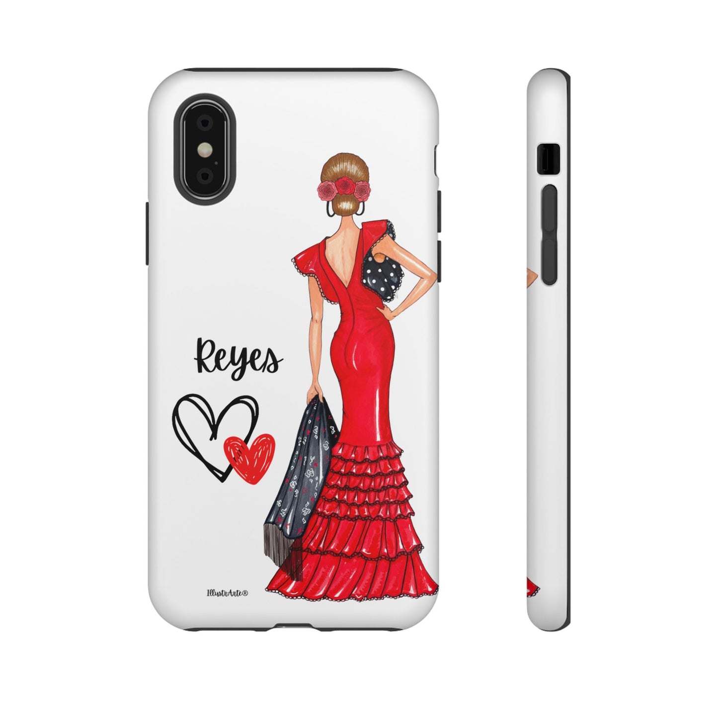 una funda de teléfono con una mujer en un vestido rojo