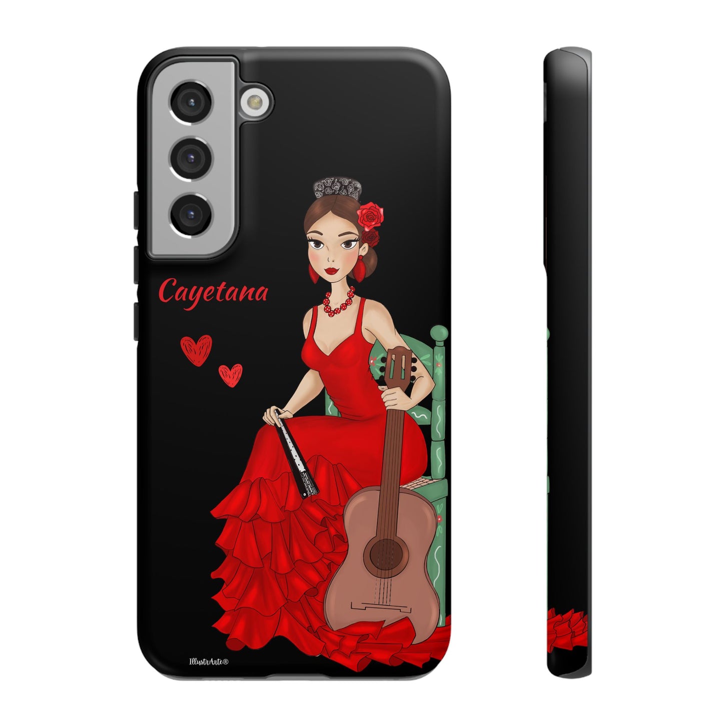 una funda de teléfono con una mujer en un vestido rojo sosteniendo una guitarra