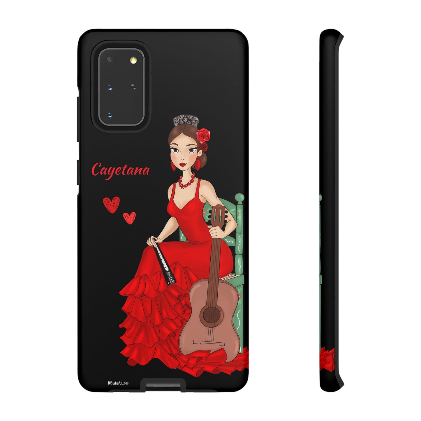 una funda de teléfono con una mujer en un vestido rojo sosteniendo una guitarra