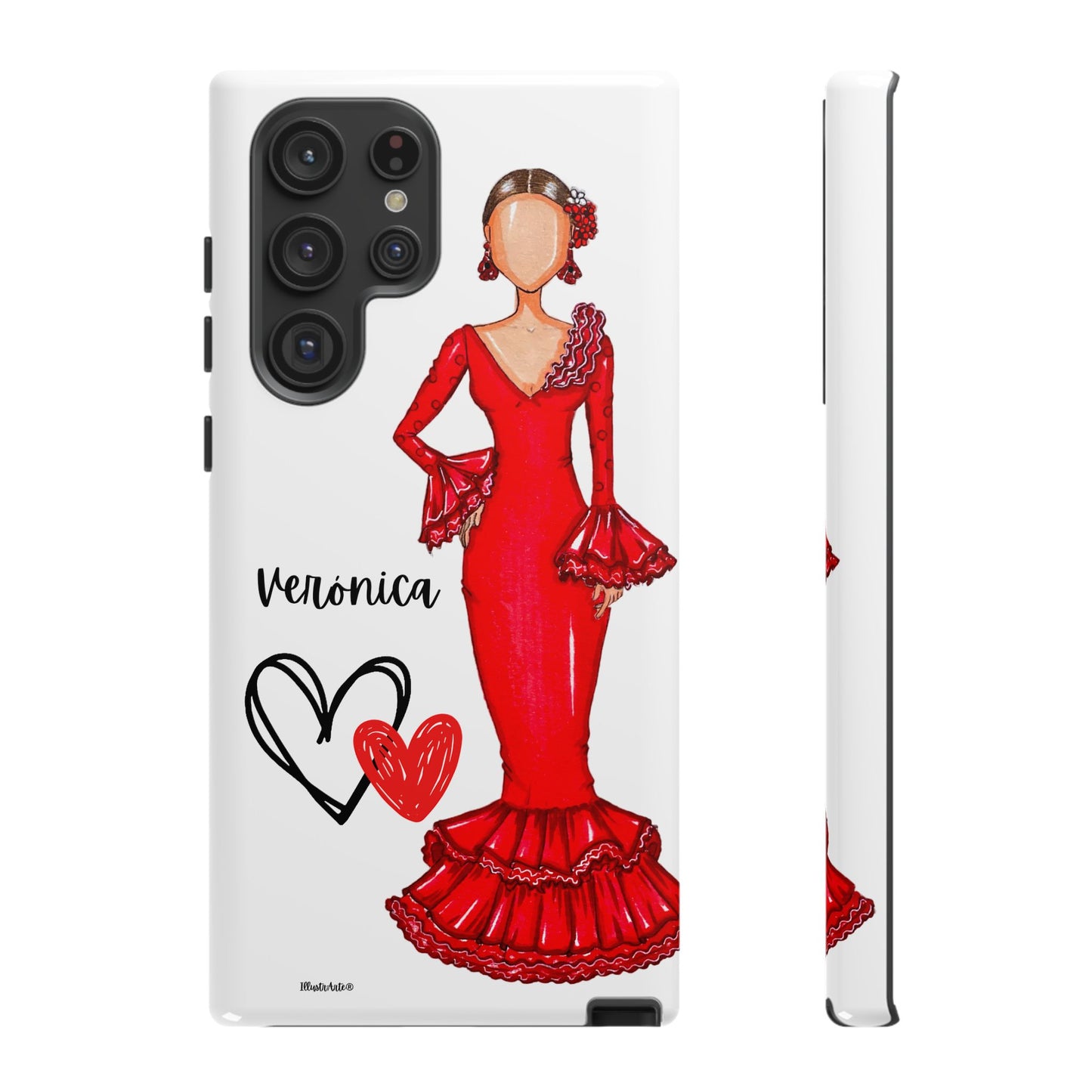 una funda de teléfono con un dibujo de una mujer en un vestido rojo