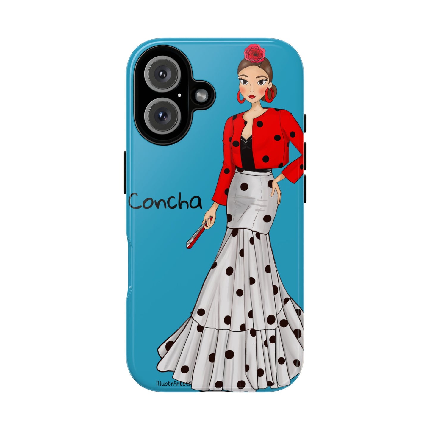 Funda de teléfono que llama la atención, Modelo Conchita fondo azul, perfecta para cualquier ocasión.