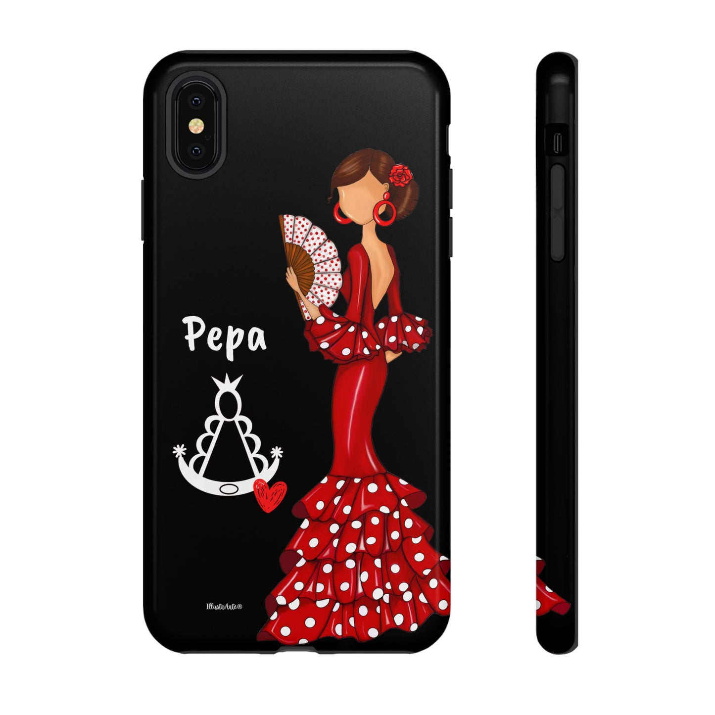 Personalized Pepa phone case on a black background with the Virgin Mary – for iPhone, Samsung, Pixel