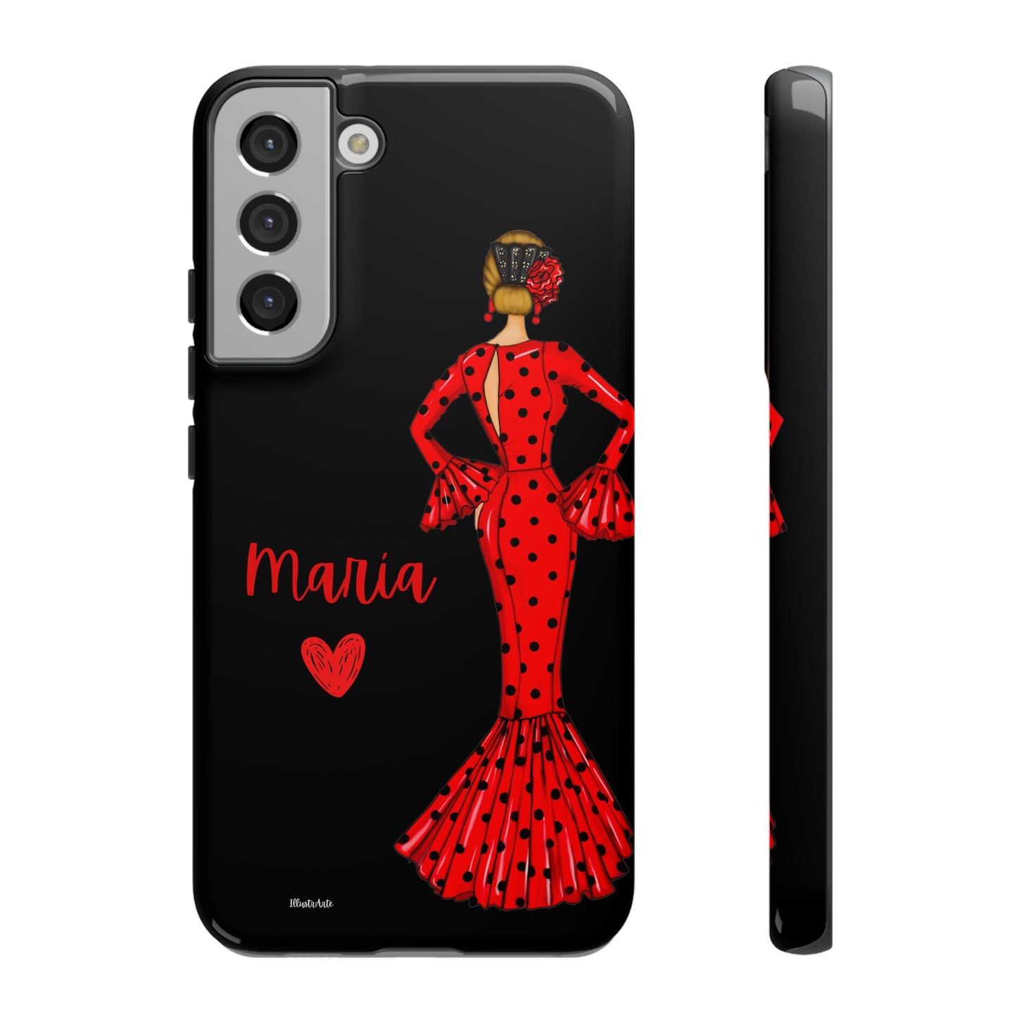 una funda de teléfono con una mujer en un vestido rojo