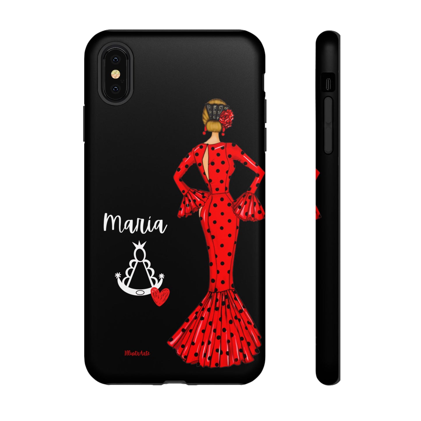 una funda de teléfono con una mujer en un vestido rojo