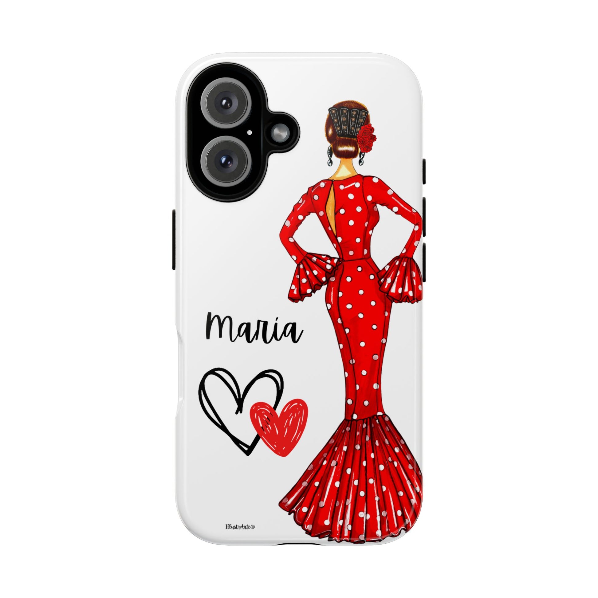 una funda de teléfono con una mujer en un vestido rojo