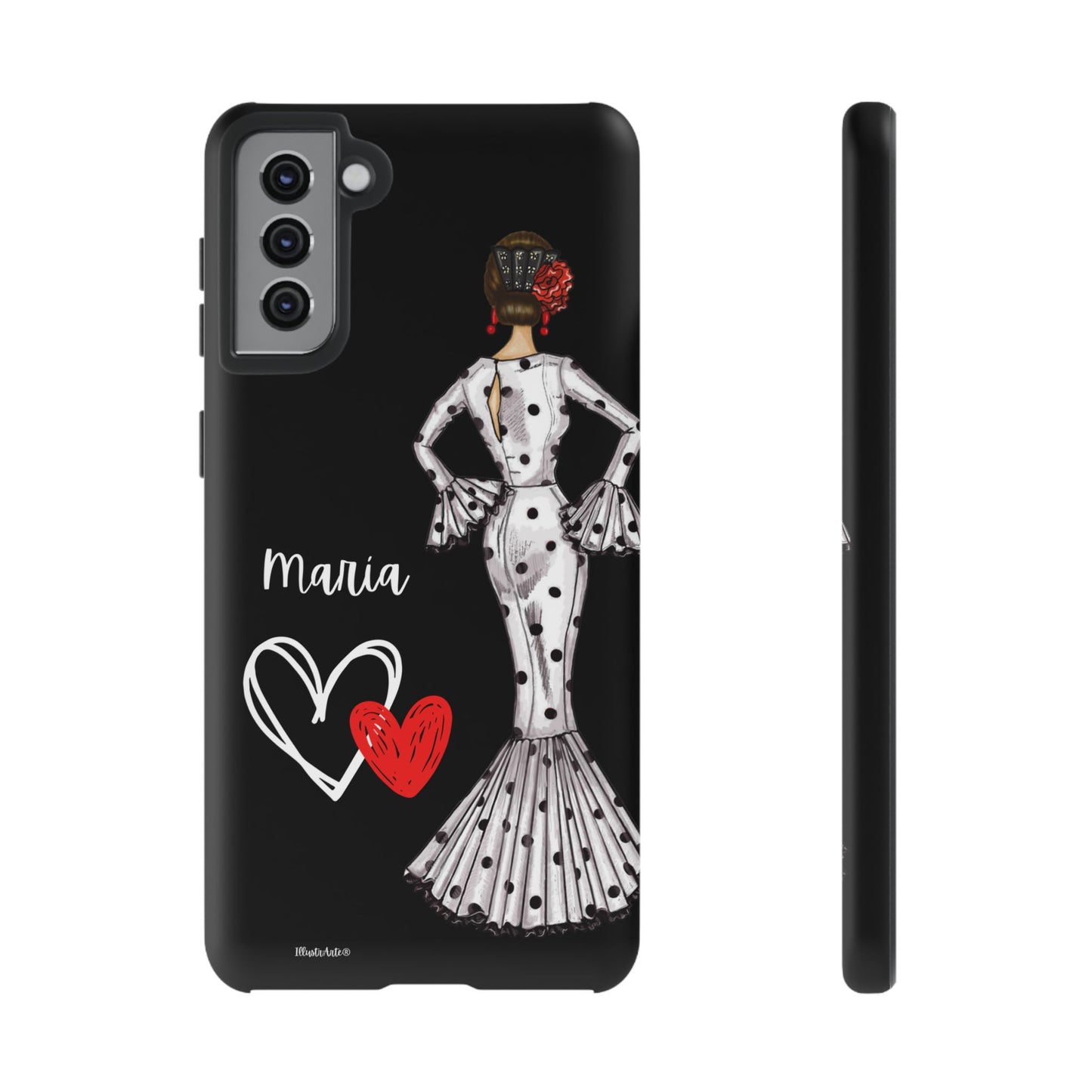 una funda de teléfono con un dibujo de una mujer en un vestido