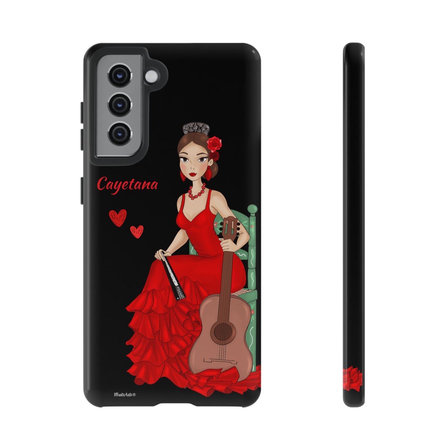 una funda de teléfono con una mujer en un vestido rojo sosteniendo una guitarra