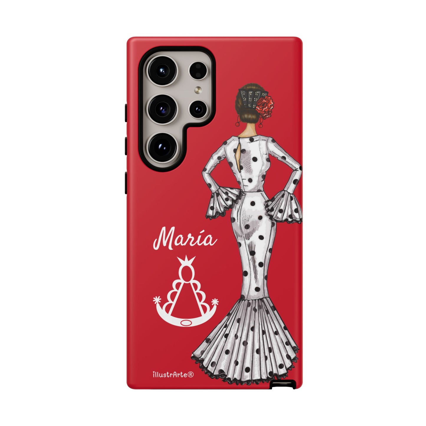 Capa de telefone personalizável com nome/bandeira/Virgem - modelo White Mary com Virgen del Rocío para iPhone, Samsung e Google Pixel