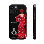 Personalised phone case flamenco dancer Macarena, with a little Virgin Mary for iPhone 13 Mini, gloss finish – illustrArte