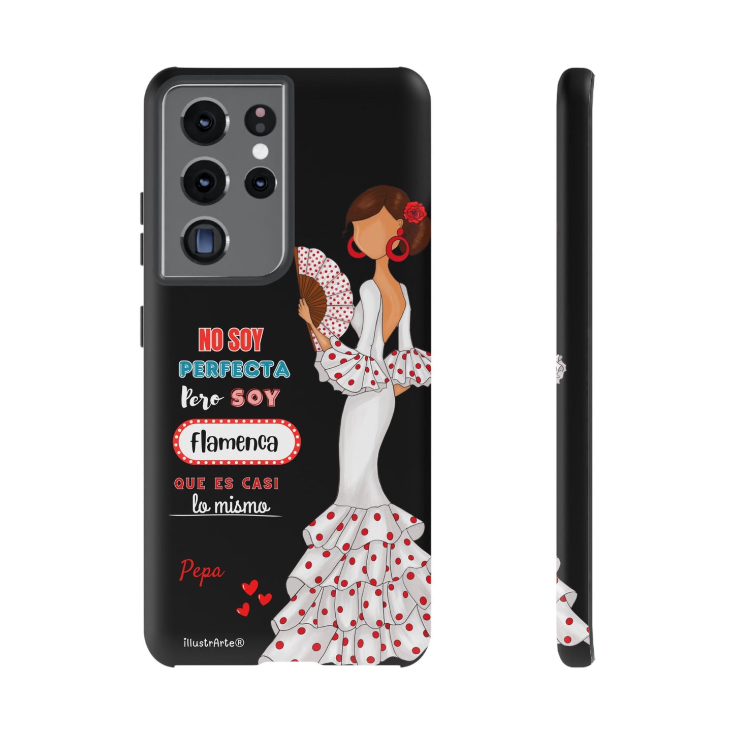 Funda de teléfono personalizable Pepa vestido blanco con frase – para iPhone, Samsung, Pixel
