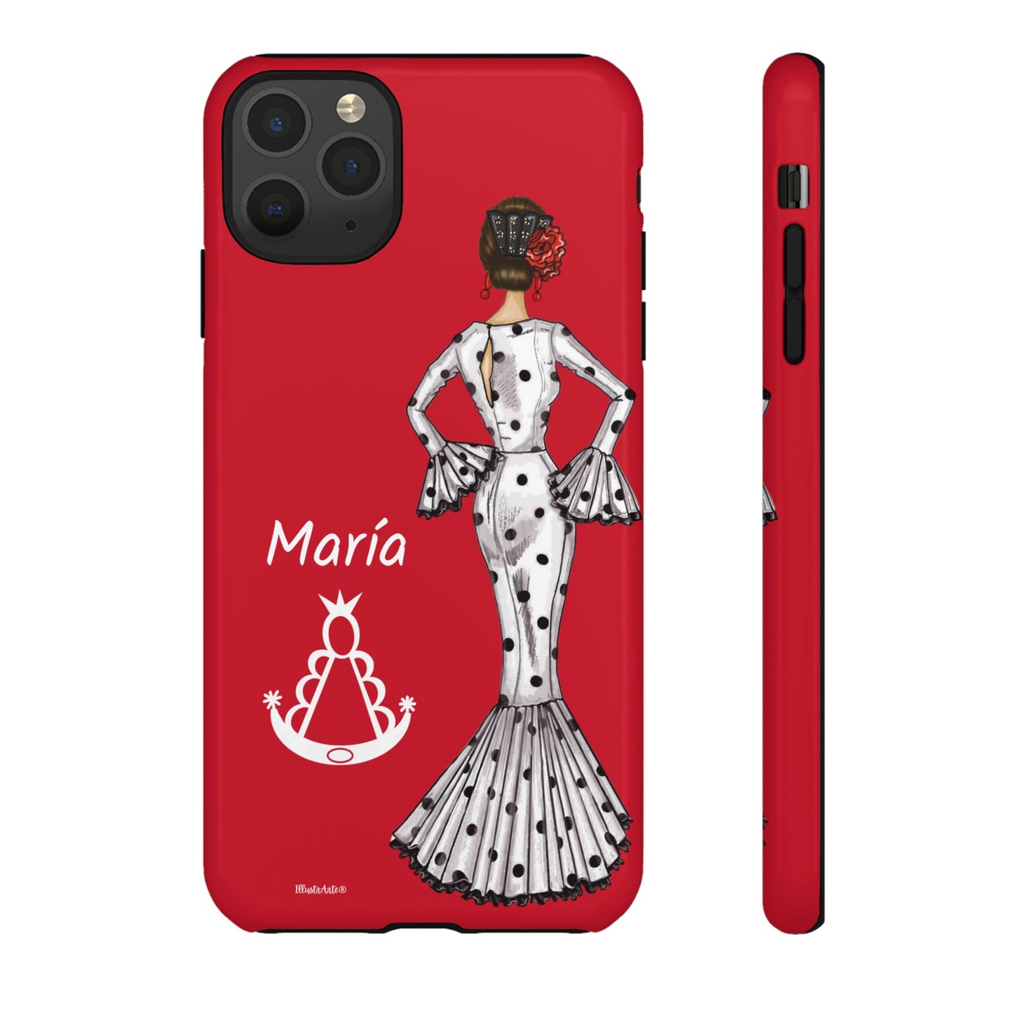 una funda de teléfono roja con una imagen de una mujer en un vestido