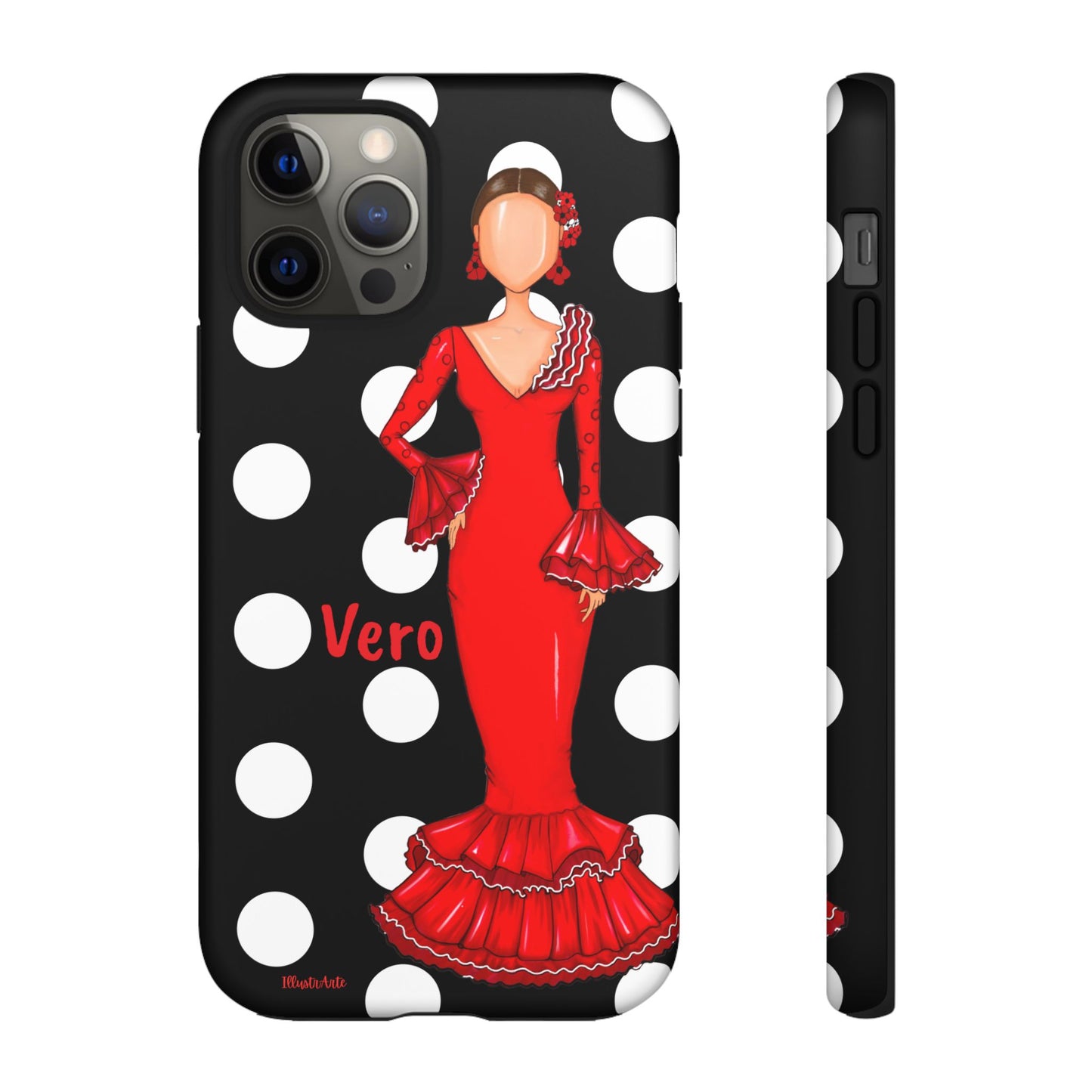 una funda para teléfono con una mujer en un vestido rojo