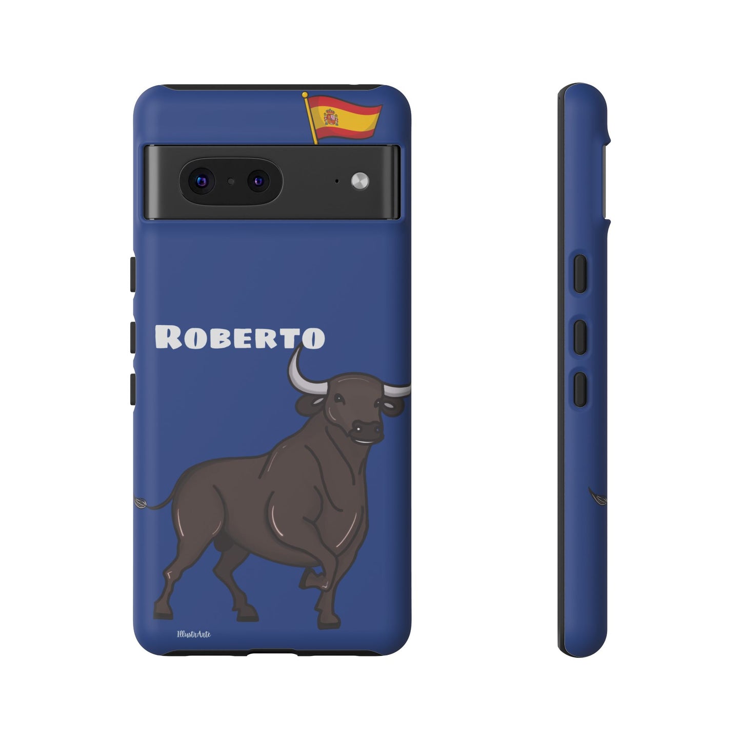 Imagen detallada de la funda de teléfono personalizable con nombre/bandera/Virgen - Modelo Toro Roberto, mostrando sus características.