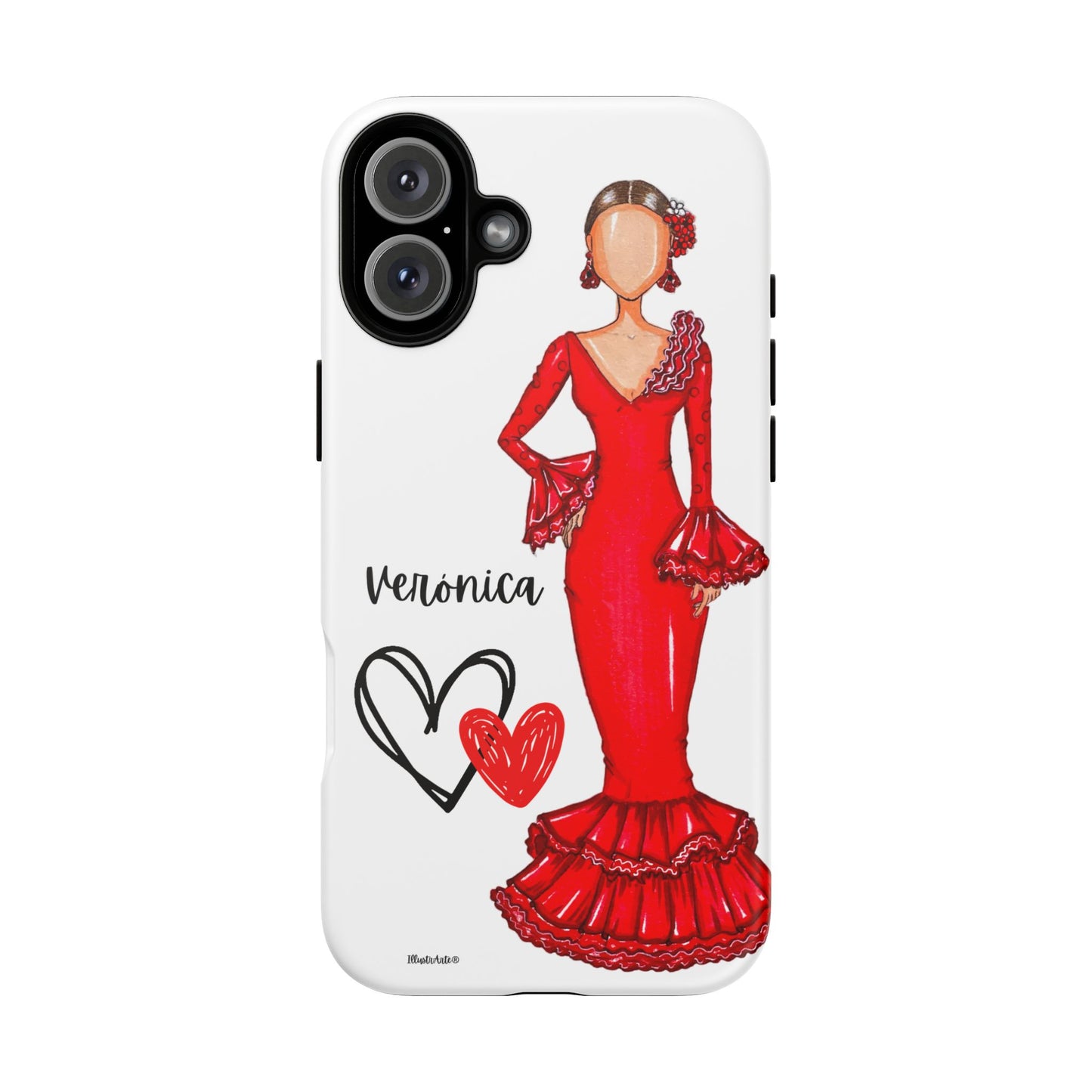 una funda de teléfono con un dibujo de una mujer en un vestido rojo