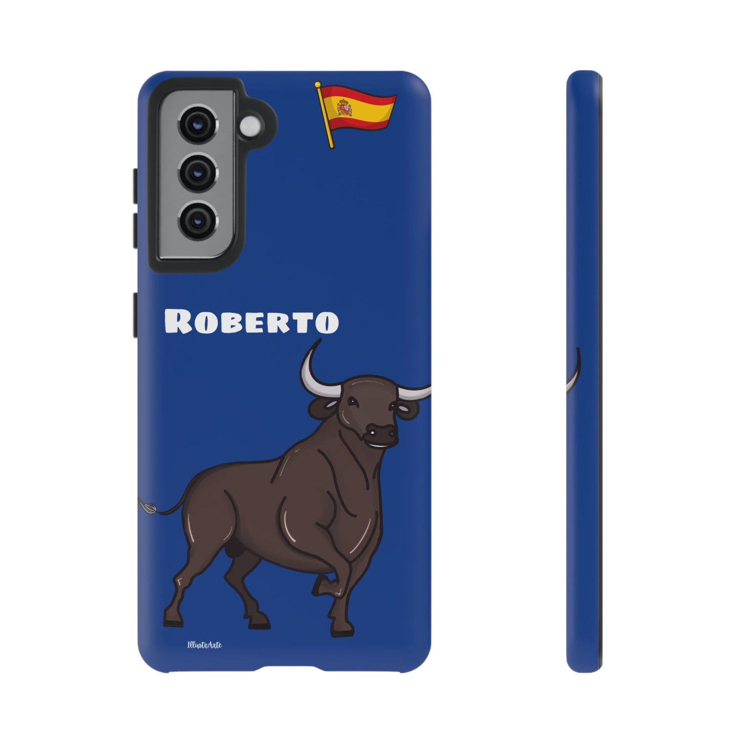 una funda de teléfono azul con un toro en ella