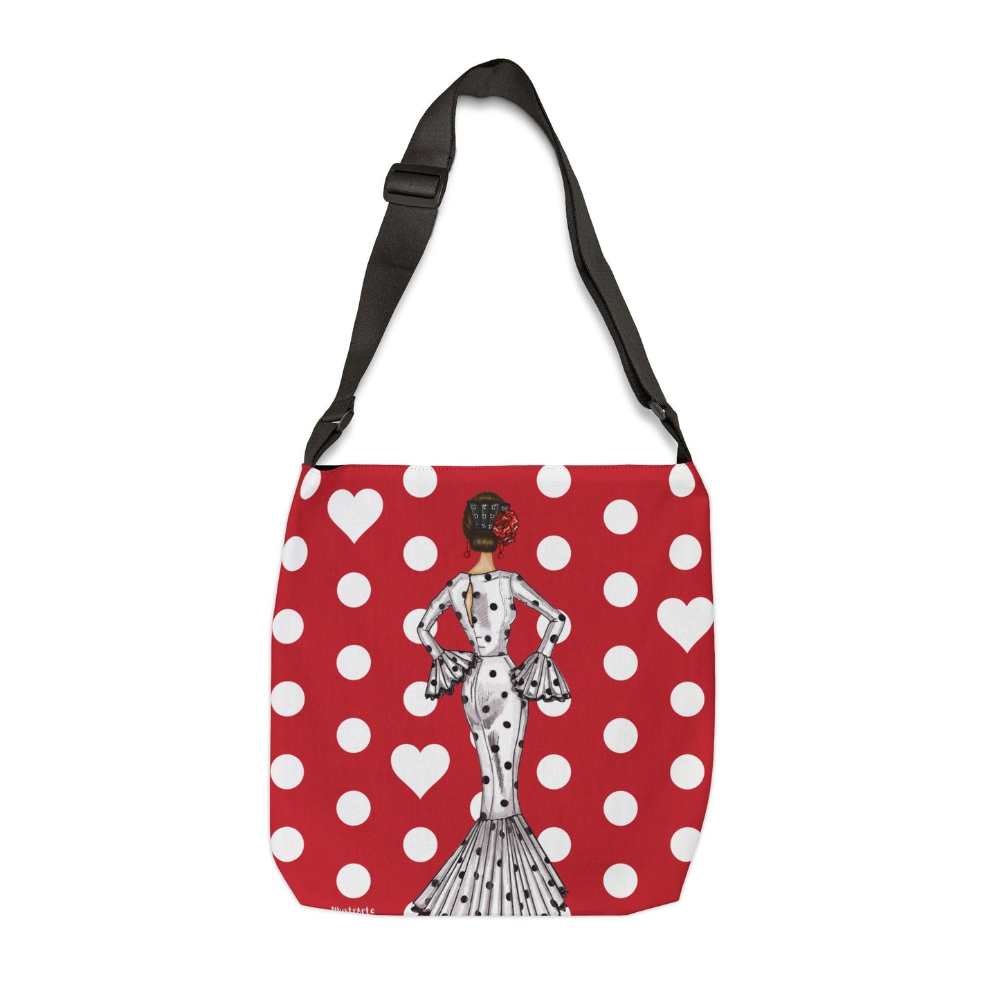 a red and white polka dot purse with a dalmatian dog on it