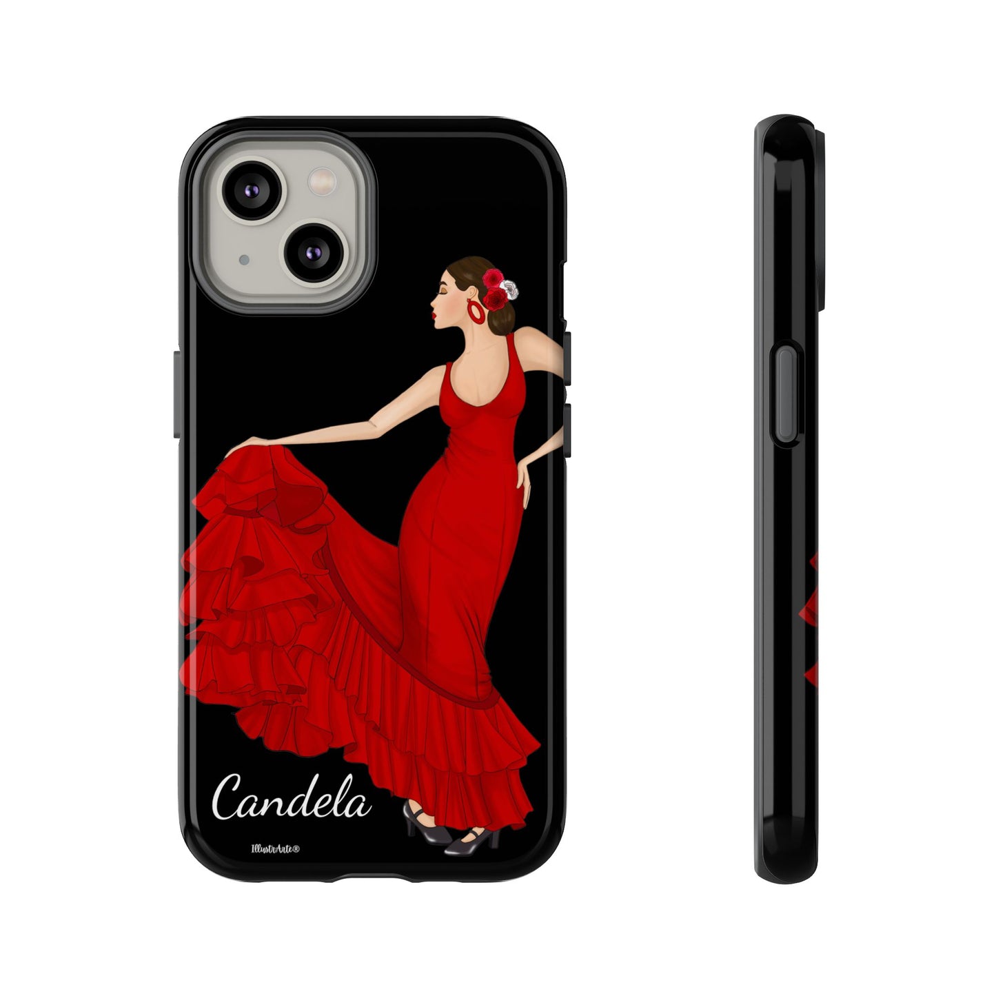 una funda de teléfono con una imagen de una mujer en un vestido rojo