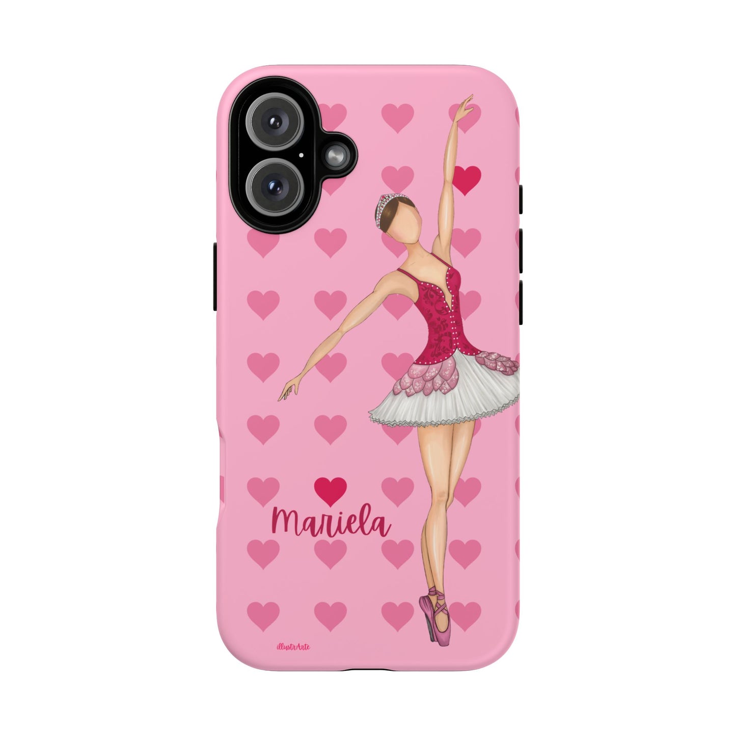 una funda de teléfono rosa con una bailarina en ella