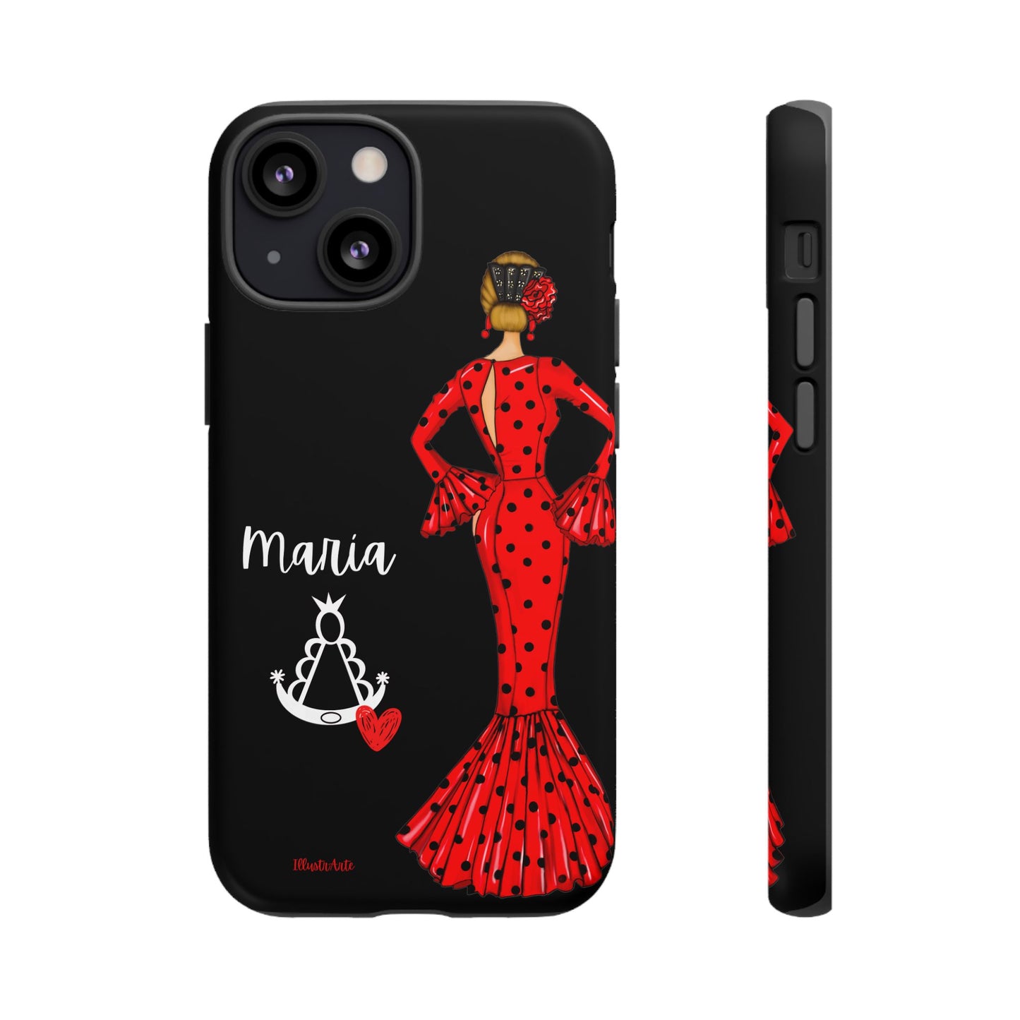 una funda de teléfono con una mujer en un vestido rojo