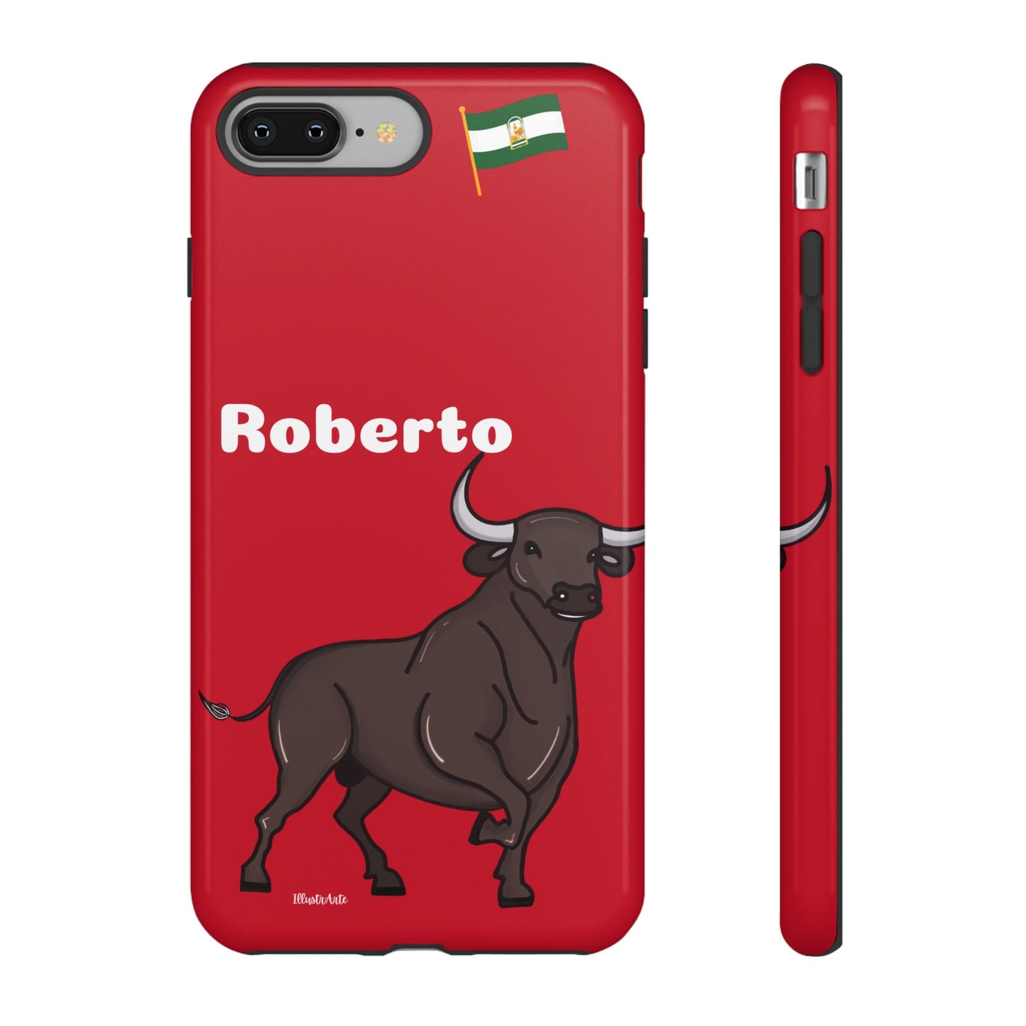 una funda de teléfono roja con un toro en ella