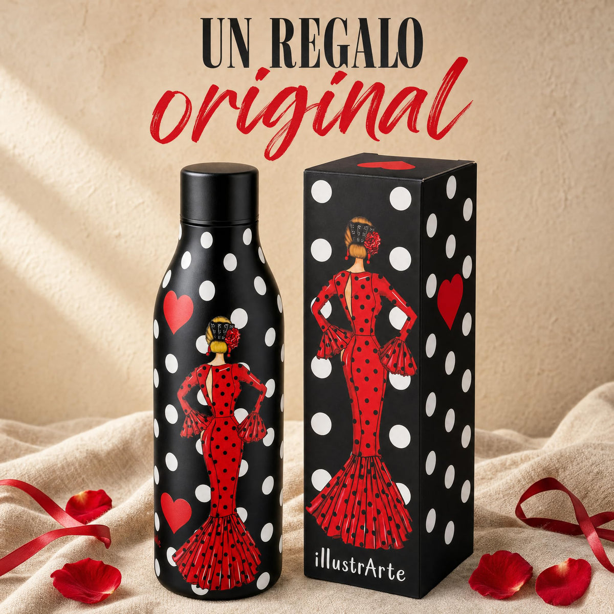 Botella térmica flamenca illustrArte 500 ml – diseño María Rojo – un regalo original con su caja