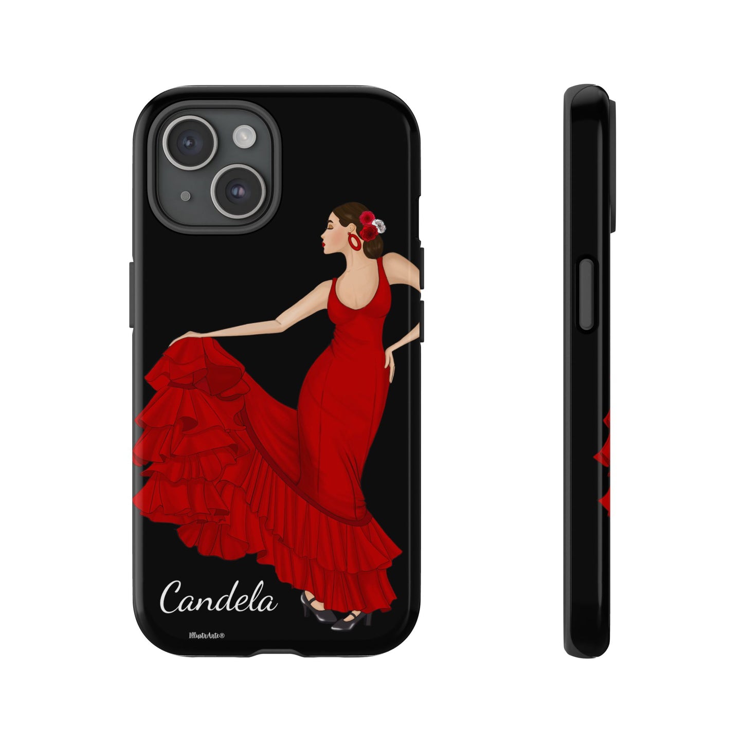 una funda de teléfono con una imagen de una mujer en un vestido rojo