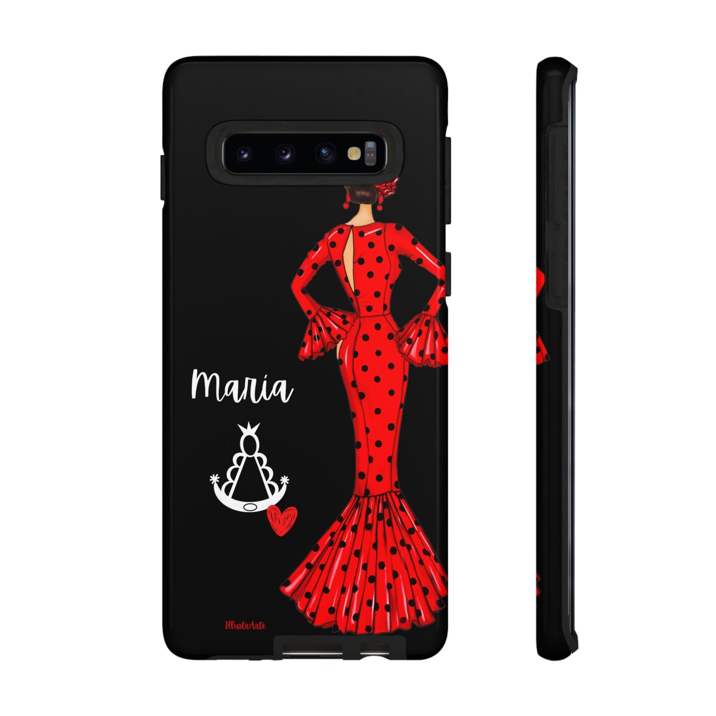 una funda de teléfono con una mujer en un vestido rojo