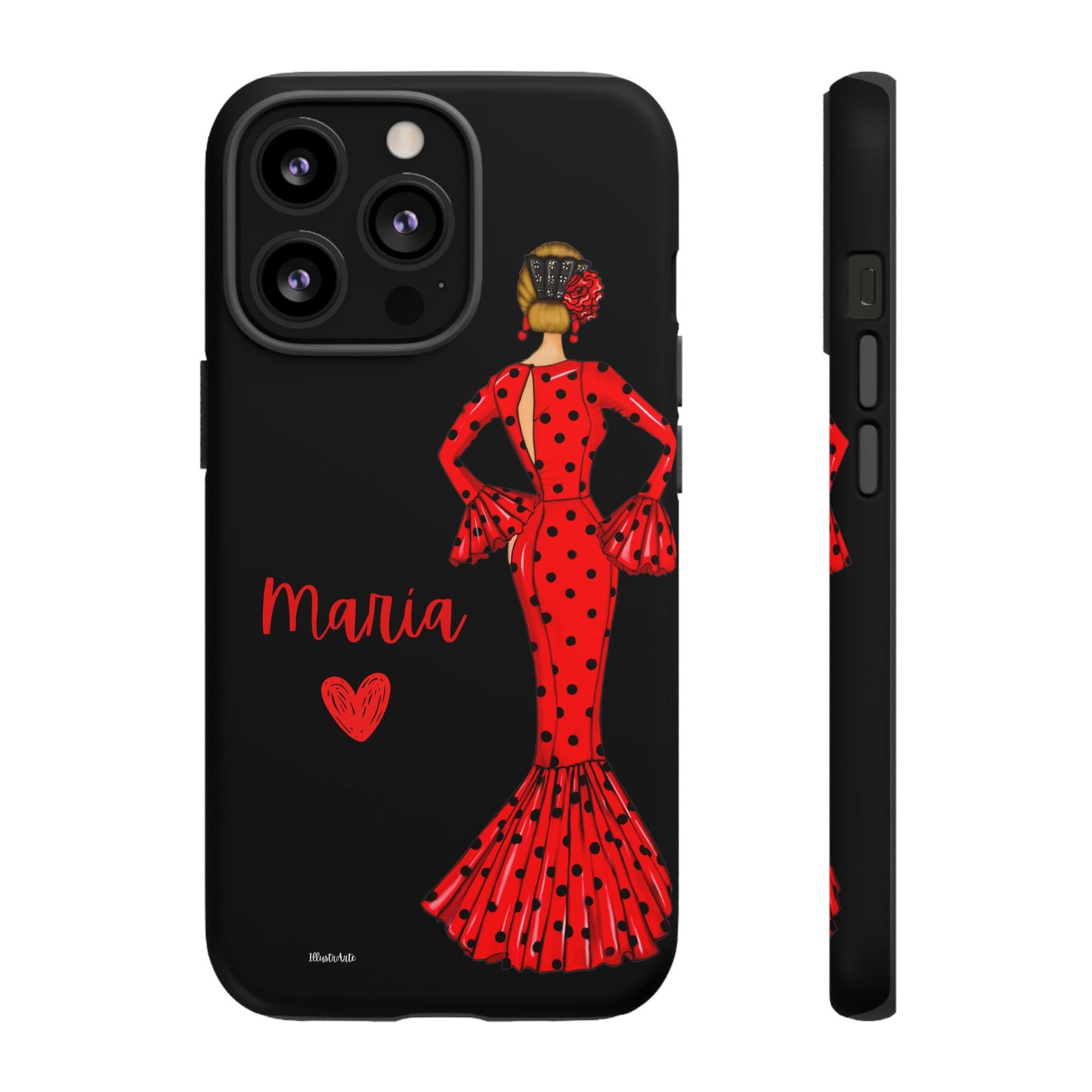 una funda de teléfono con una mujer en un vestido rojo