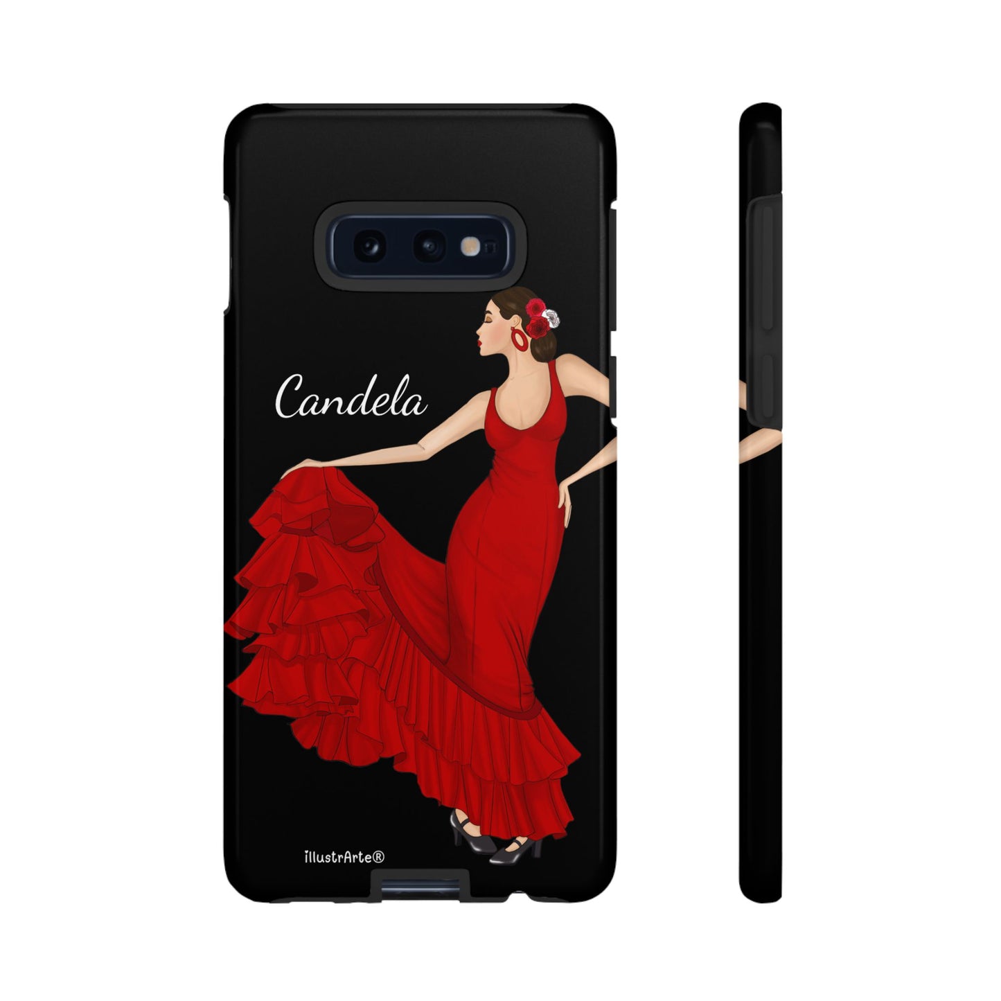 Capa de telefone personalizável. Modelo Candela com fundo preto. Para iPhone, Samsung Galaxy S e Google Pixel. 