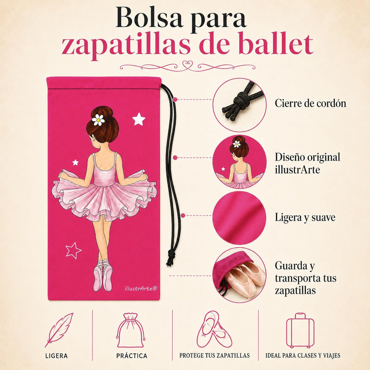 Saco para sapatilhas de ballet illustrArte 20 x 36 cm – design Tina – vista 3