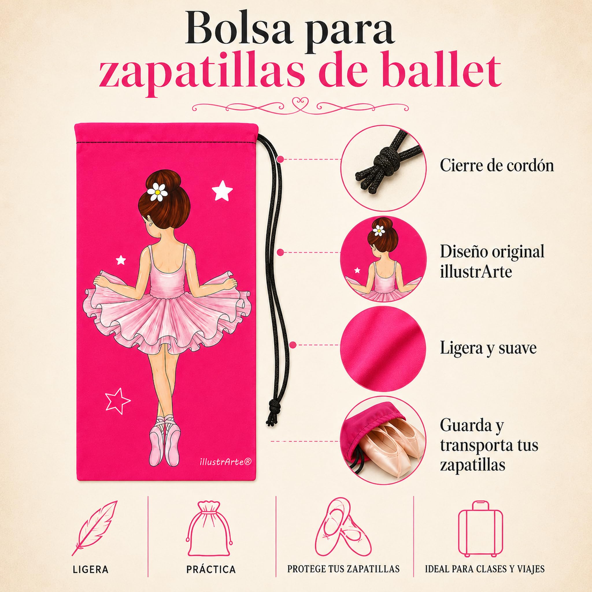 Bolsa para zapatillas de ballet illustrArte 20 x 36 cm – diseño Tina – vista 3