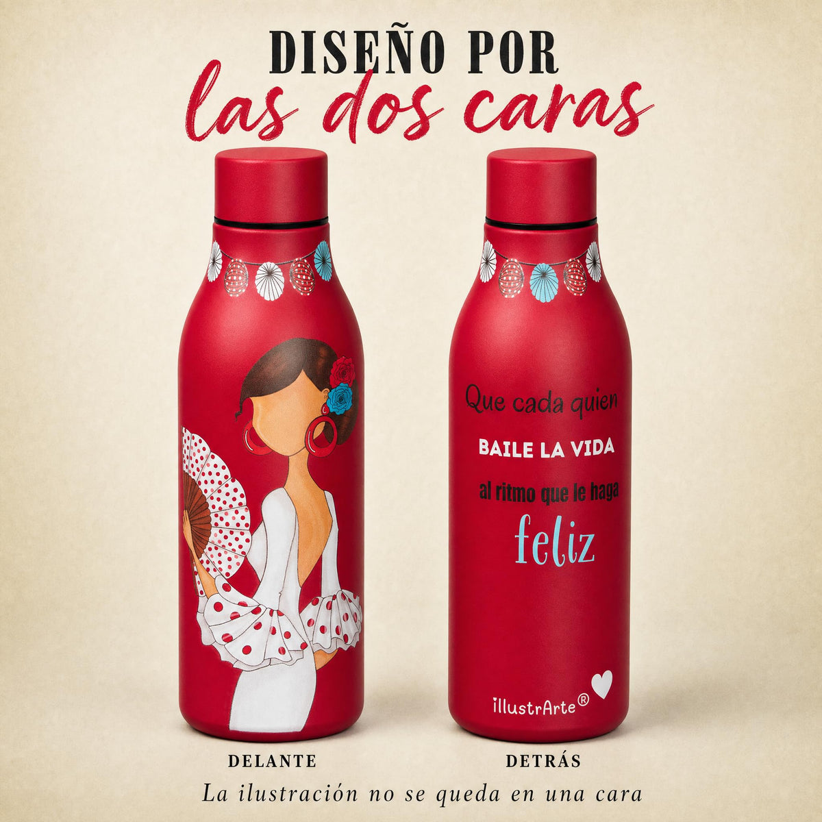 Botella térmica flamenca illustrArte 500 ml – diseño Pepa Feliz – ilustración impresa por las dos caras