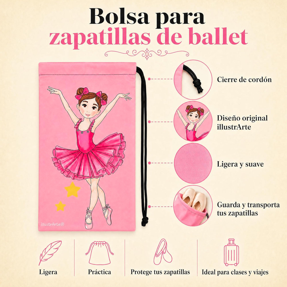 Saco para sapatilhas de ballet illustrArte 20 x 36 cm – design Marina – vista 3